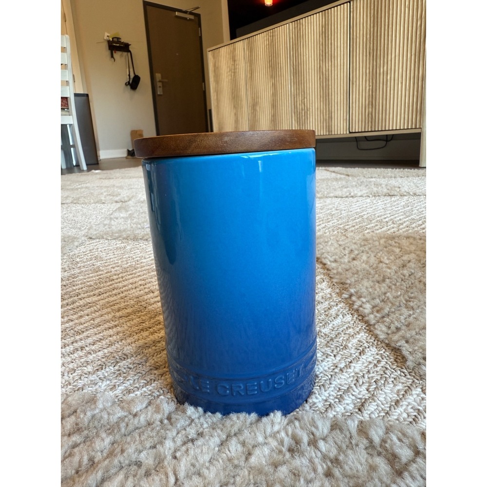 Le Creuset Marseille Blue Stoneware Storage Canister with Wooden Lid Small 22oz